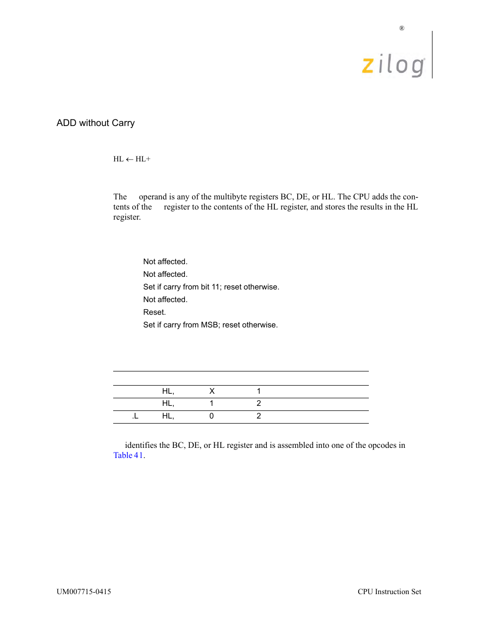 Add hl, rr, Operation, Description | Condition bits affected attributes | Zilog EZ80F916 User Manual | Page 103 / 411