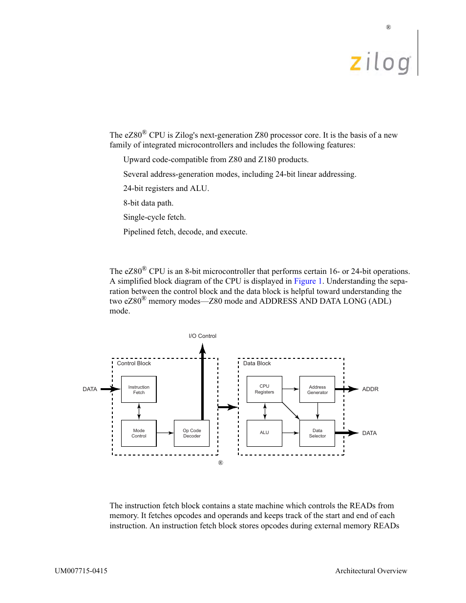 Architectural overview, Processor description | Zilog EZ80F916 User Manual | Page 11 / 411