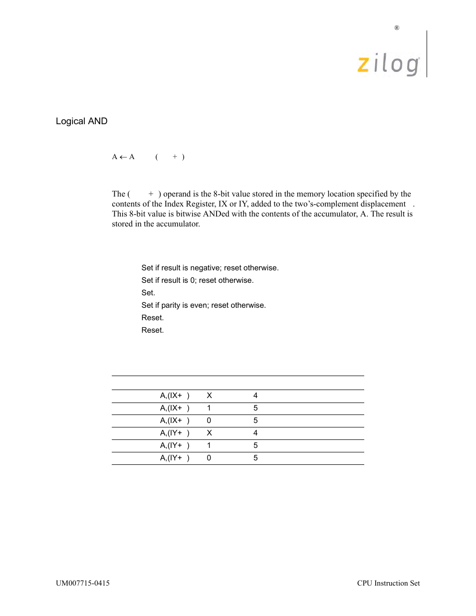 And a, (ix/y+d), Operation, Description | Condition bits affected attributes | Zilog EZ80F916 User Manual | Page 111 / 411