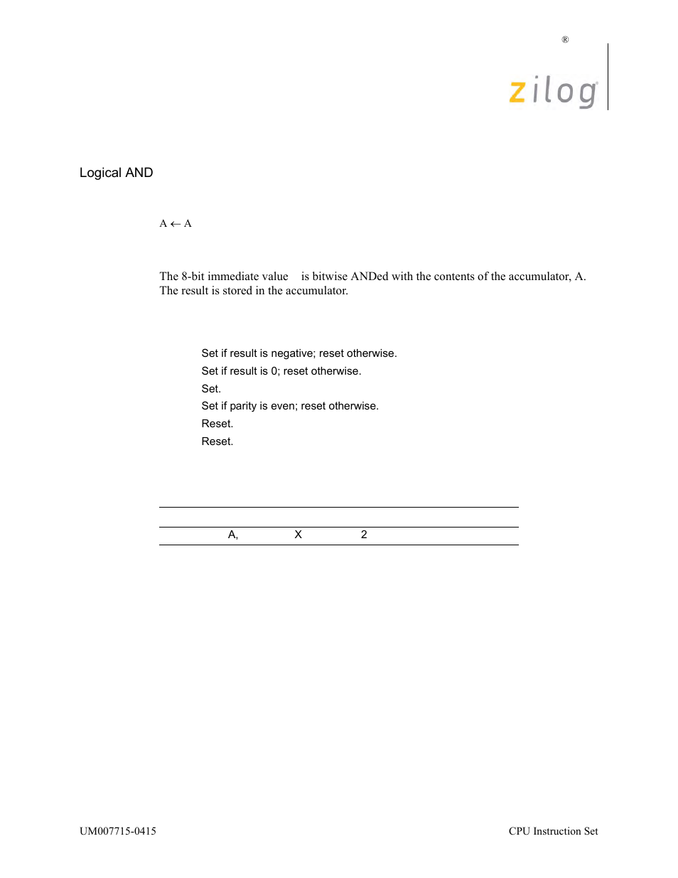 And a, n, Operation, Description | Condition bits affected attributes | Zilog EZ80F916 User Manual | Page 112 / 411