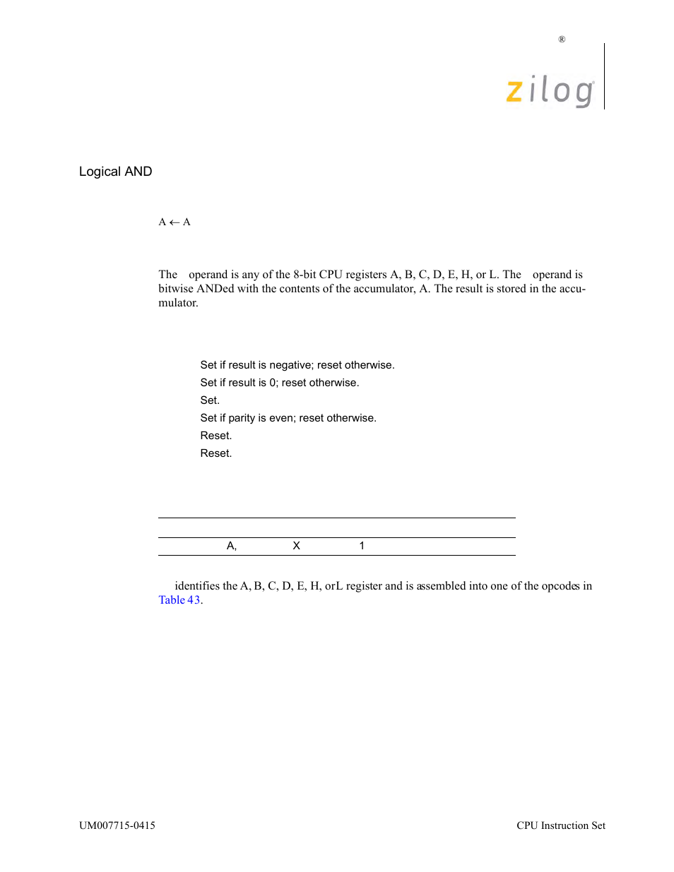 And a, r, Operation, Description | Condition bits affected attributes | Zilog EZ80F916 User Manual | Page 113 / 411