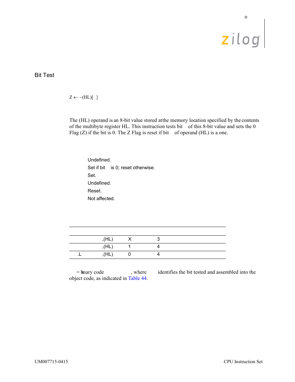 Bit b, (hl), Operation, Description | Condition bits affected attributes | Zilog EZ80F916 User Manual | Page 115 / 411