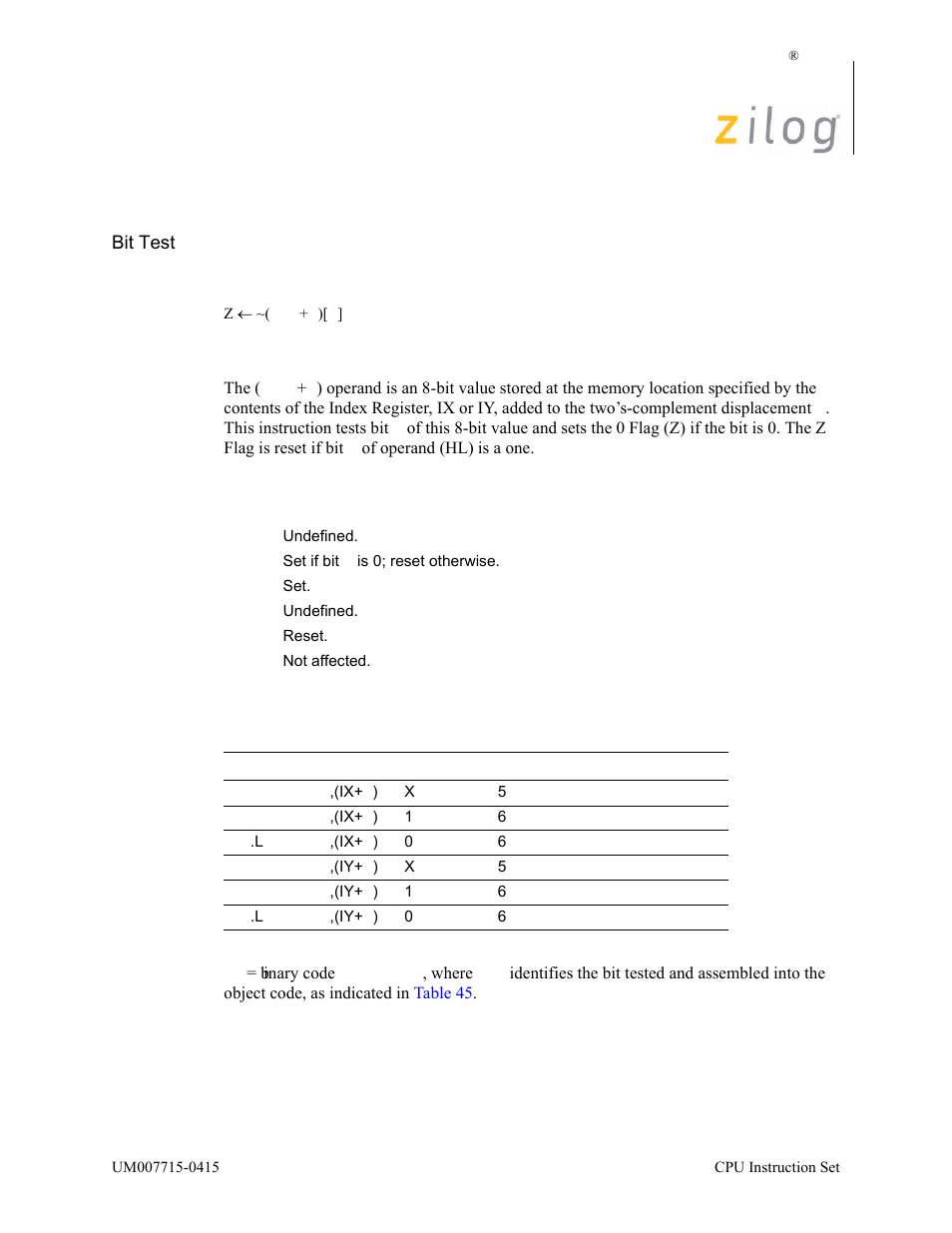 Bit b, (ix/y+d), Operation, Description | Condition bits affected attributes | Zilog EZ80F916 User Manual | Page 117 / 411