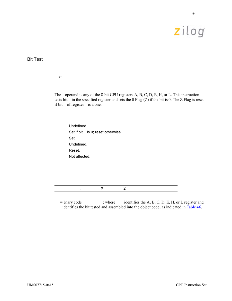 Bit b, r, Operation, Description | Condition bits affected attributes | Zilog EZ80F916 User Manual | Page 119 / 411