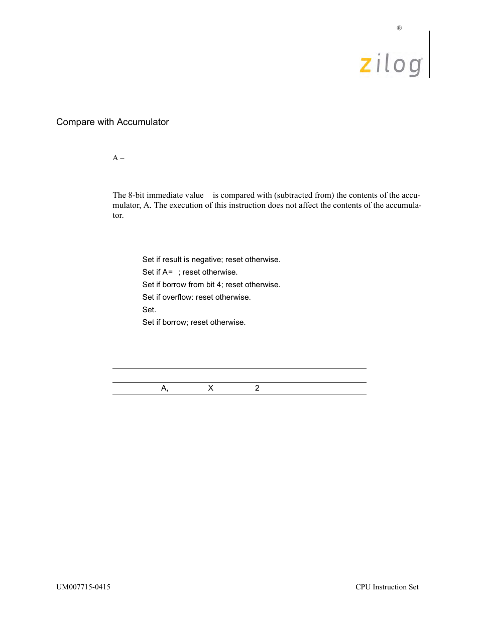 Cp a, n, Operation, Description | Condition bits affected attributes | Zilog EZ80F916 User Manual | Page 130 / 411