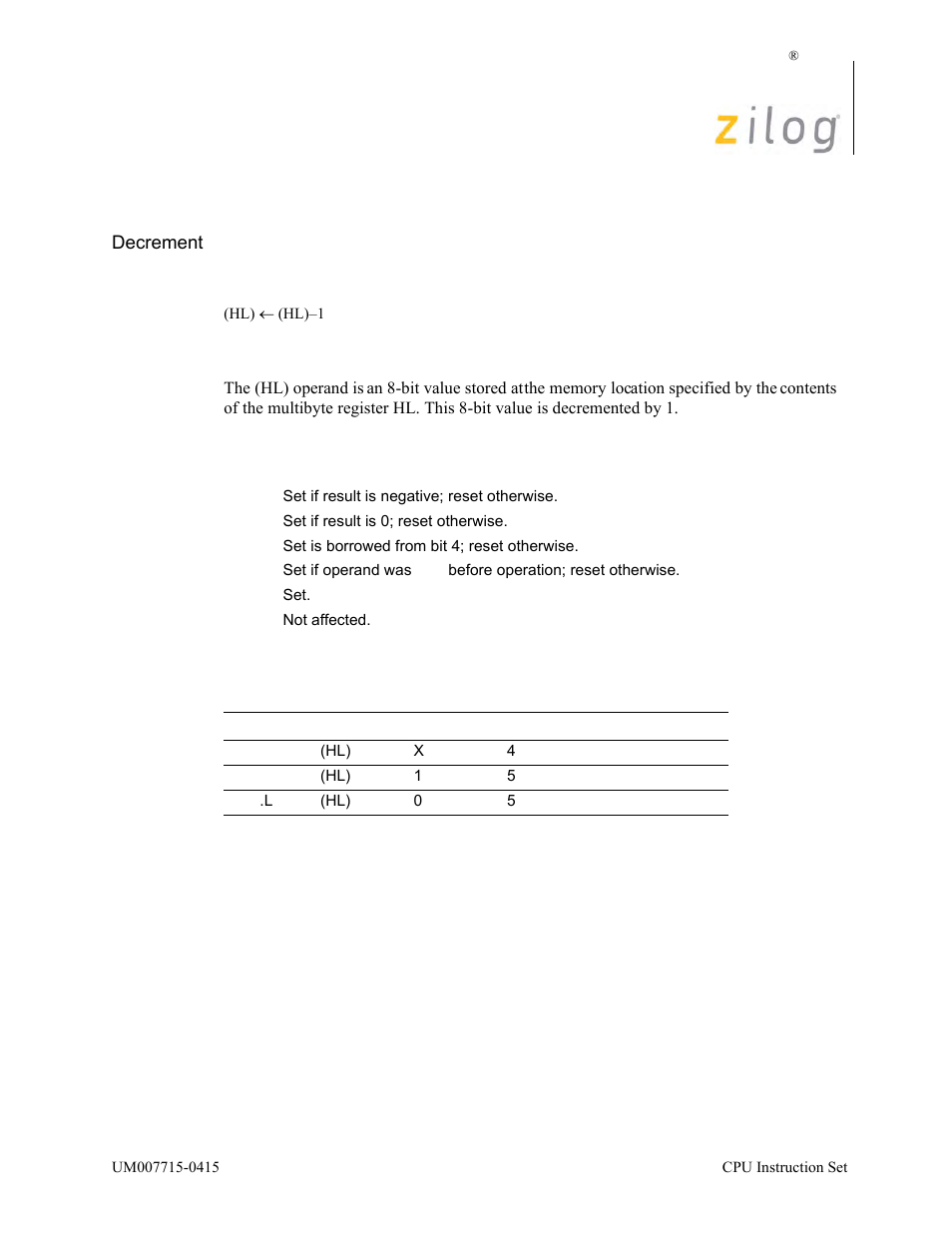 Dec (hl), Operation, Description | Condition bits affected attributes | Zilog EZ80F916 User Manual | Page 141 / 411