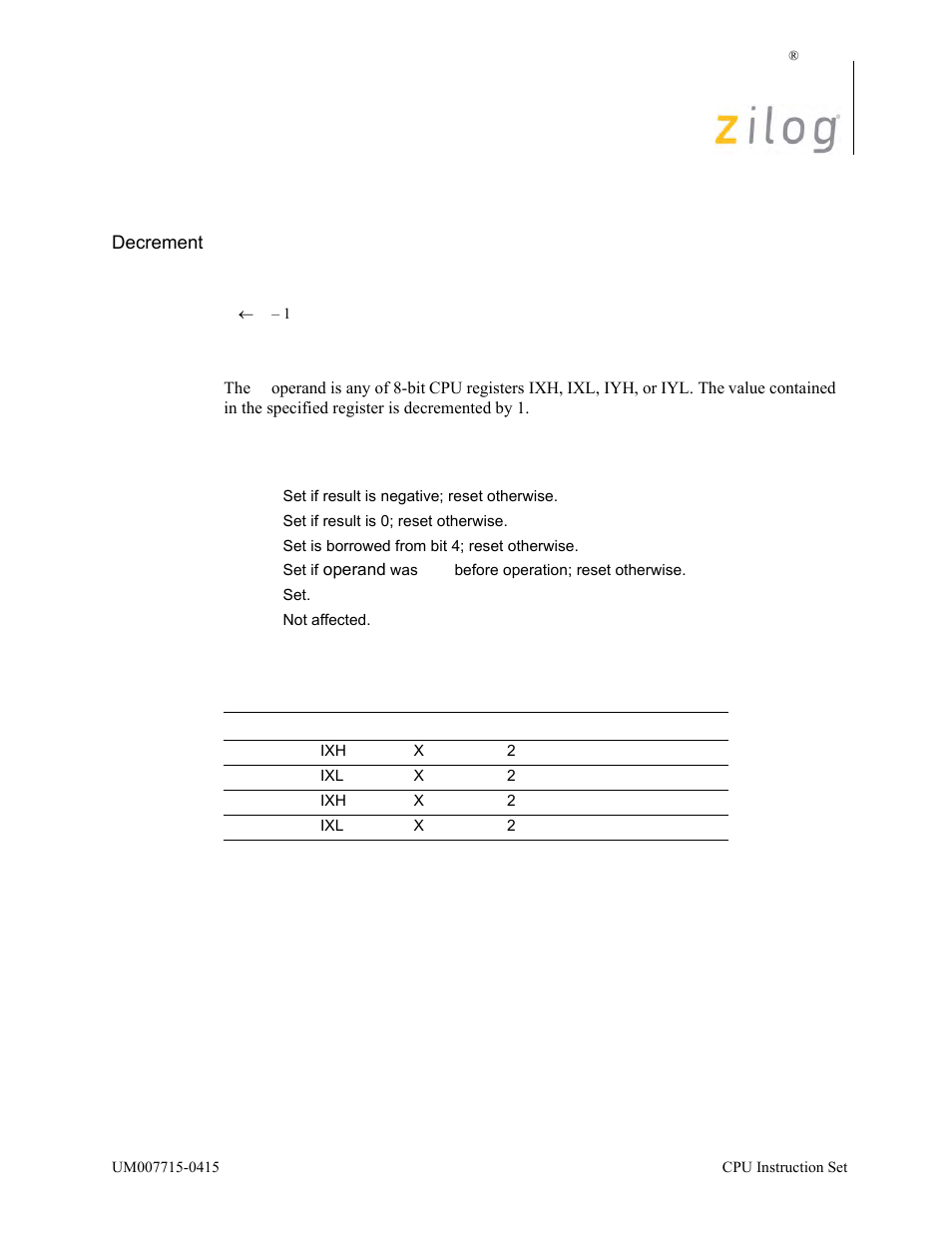 Dec ir, Operation, Description | Condition bits affected attributes | Zilog EZ80F916 User Manual | Page 142 / 411