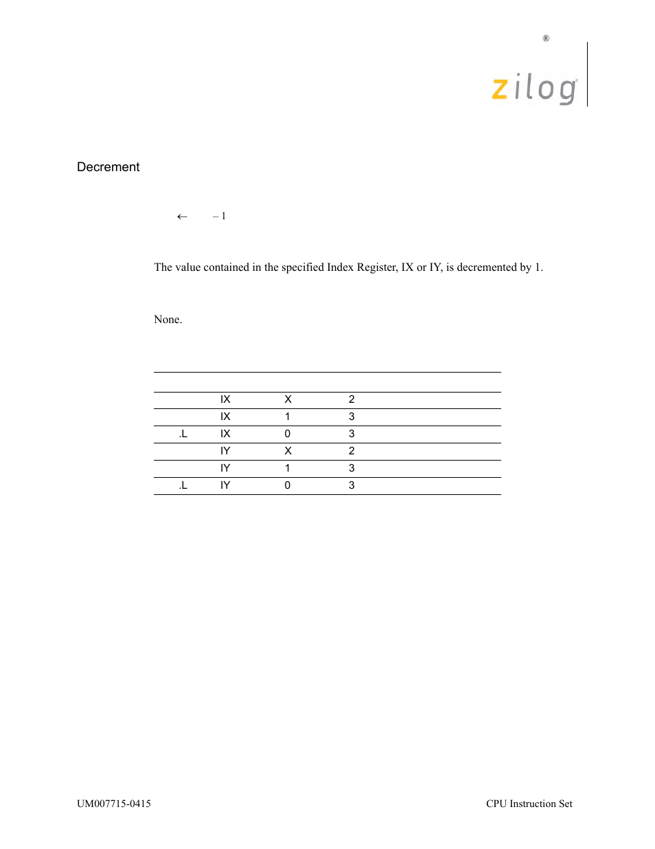 Dec ix/y, Operation, Description | Condition bits affected, Attributes | Zilog EZ80F916 User Manual | Page 143 / 411