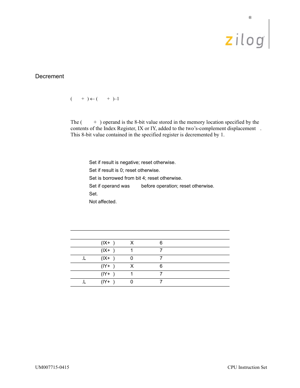 Dec (ix/y+d), Operation, Description | Condition bits affected attributes | Zilog EZ80F916 User Manual | Page 144 / 411