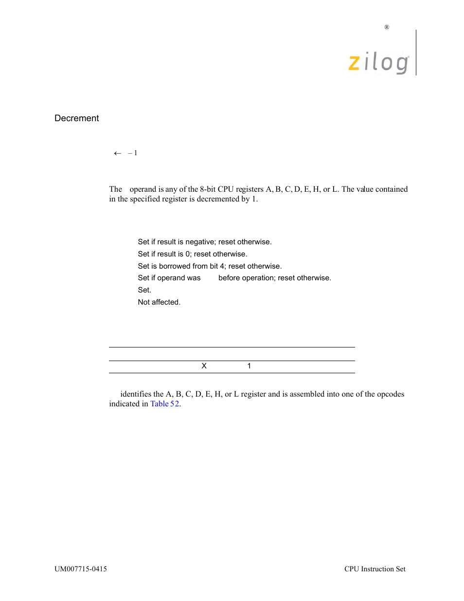 Dec r, Operation, Description | Condition bits affected attributes | Zilog EZ80F916 User Manual | Page 145 / 411
