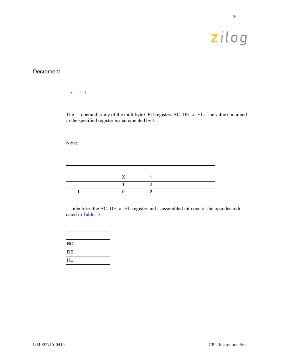 Dec rr, Operation, Description | Condition bits affected, Attributes | Zilog EZ80F916 User Manual | Page 147 / 411