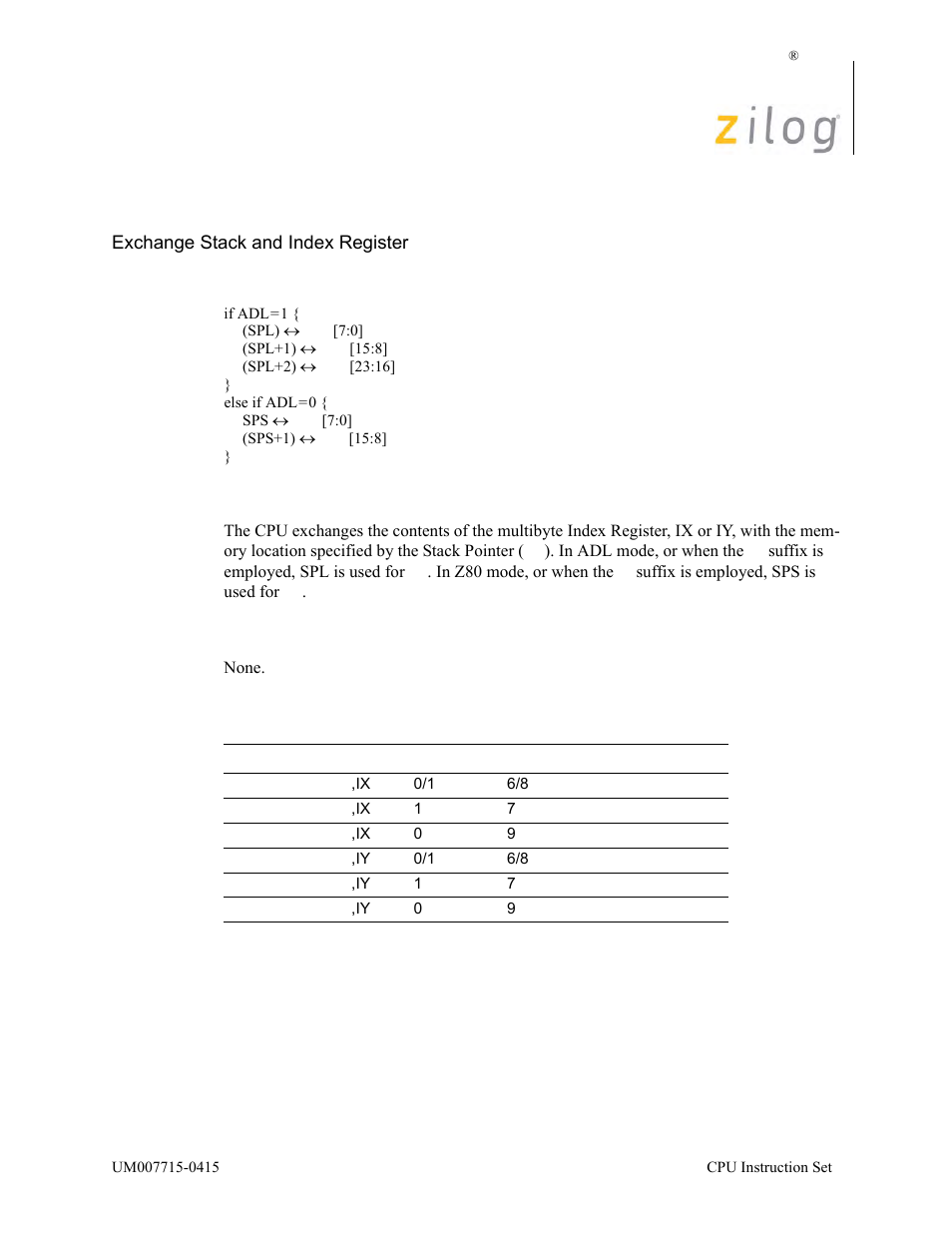 Ex (sp), ix/y, Operation, Description | Condition bits affected, Attributes | Zilog EZ80F916 User Manual | Page 155 / 411