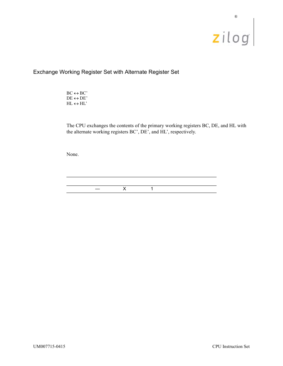 47 for d, Operation, Description | Condition bits affected, Attributes | Zilog EZ80F916 User Manual | Page 156 / 411