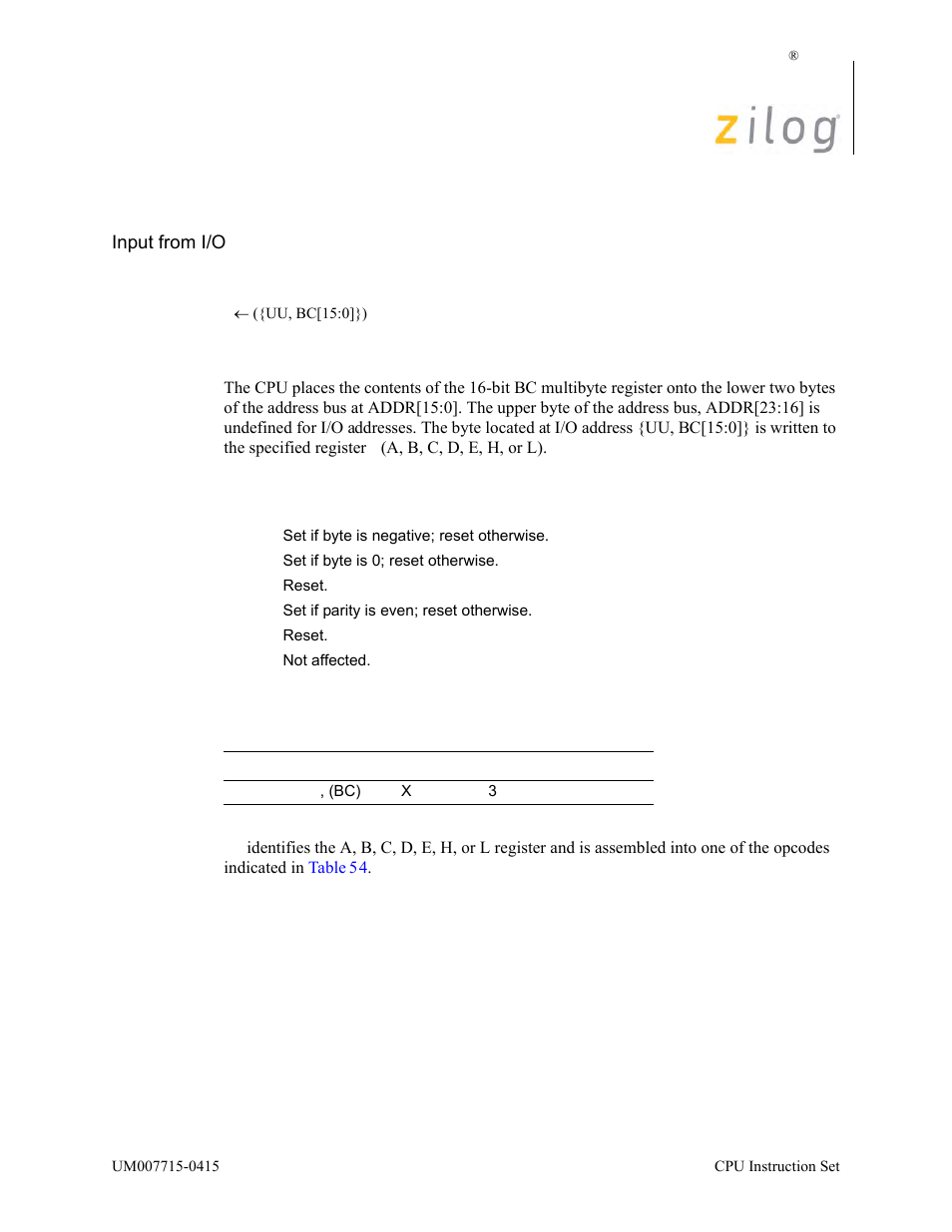 In r, (bc)—also in r, (c) for z80 compatibility, Operation, Description | Condition bits affected attributes | Zilog EZ80F916 User Manual | Page 160 / 411