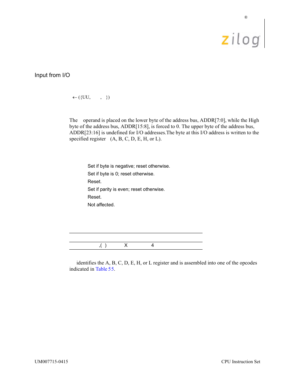 In0 r, (n), Operation, Description | Condition bits affected attributes | Zilog EZ80F916 User Manual | Page 162 / 411