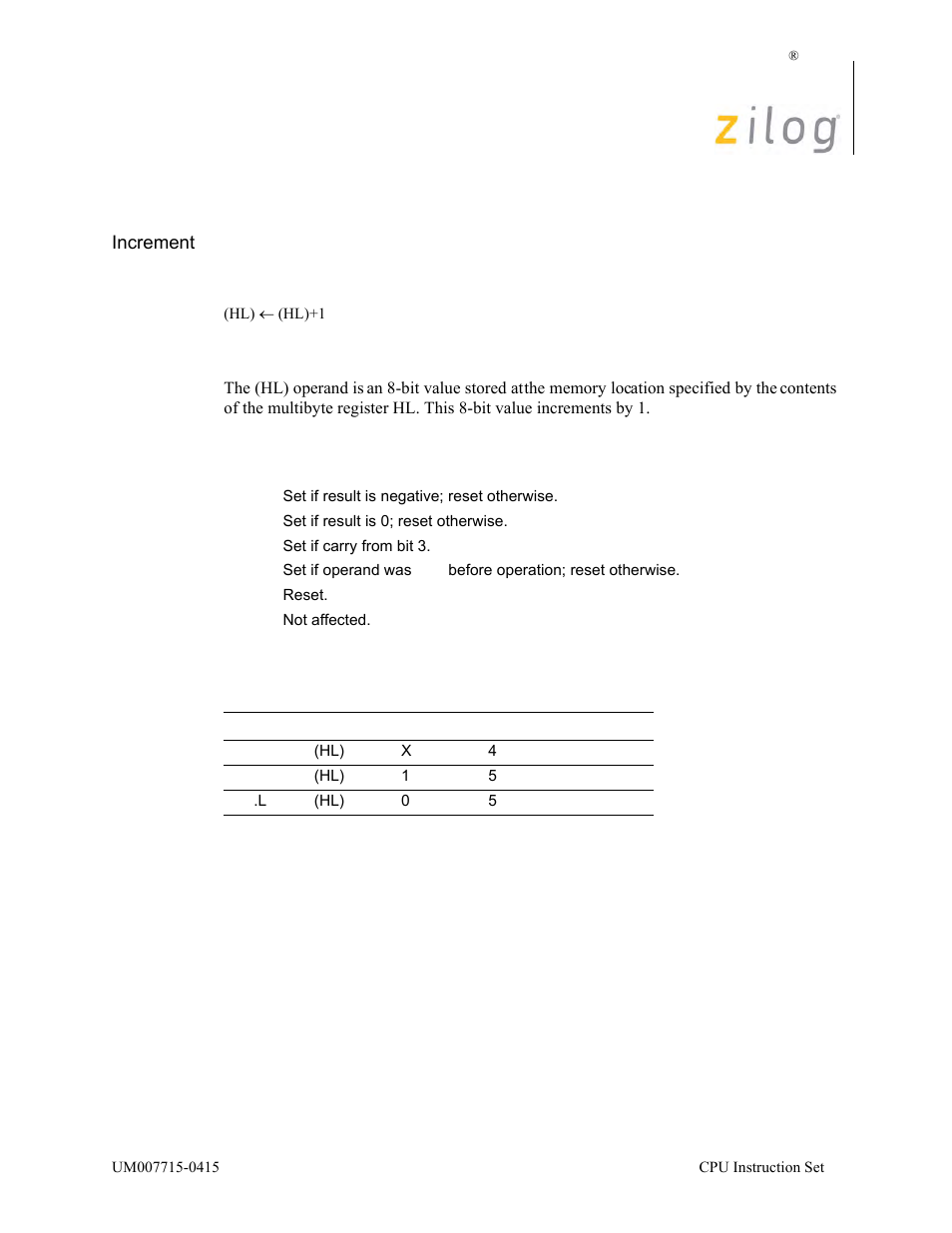 Inc (hl), Operation, Description | Condition bits affected attributes | Zilog EZ80F916 User Manual | Page 164 / 411