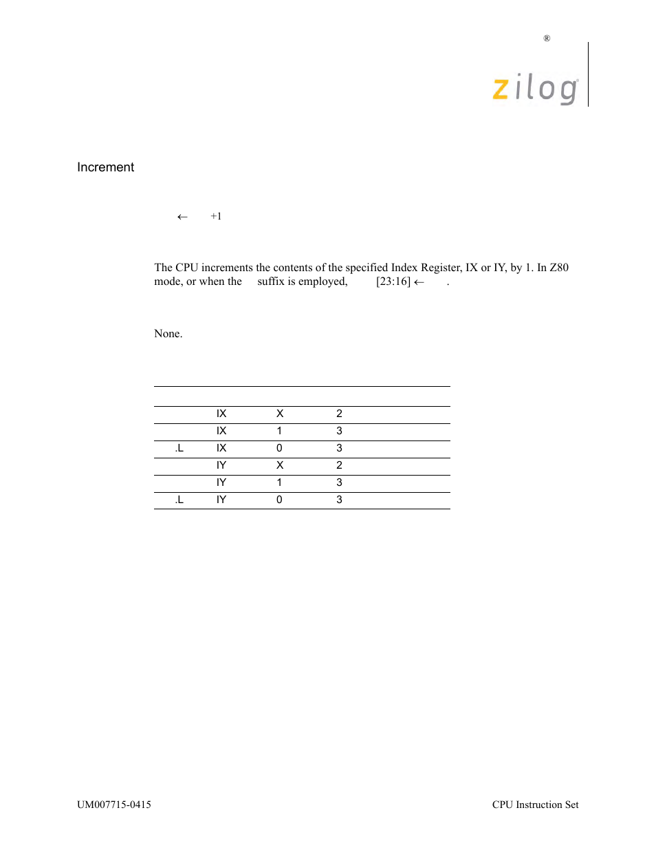 Inc ix/y, Operation, Description | Condition bits affected, Attributes | Zilog EZ80F916 User Manual | Page 166 / 411