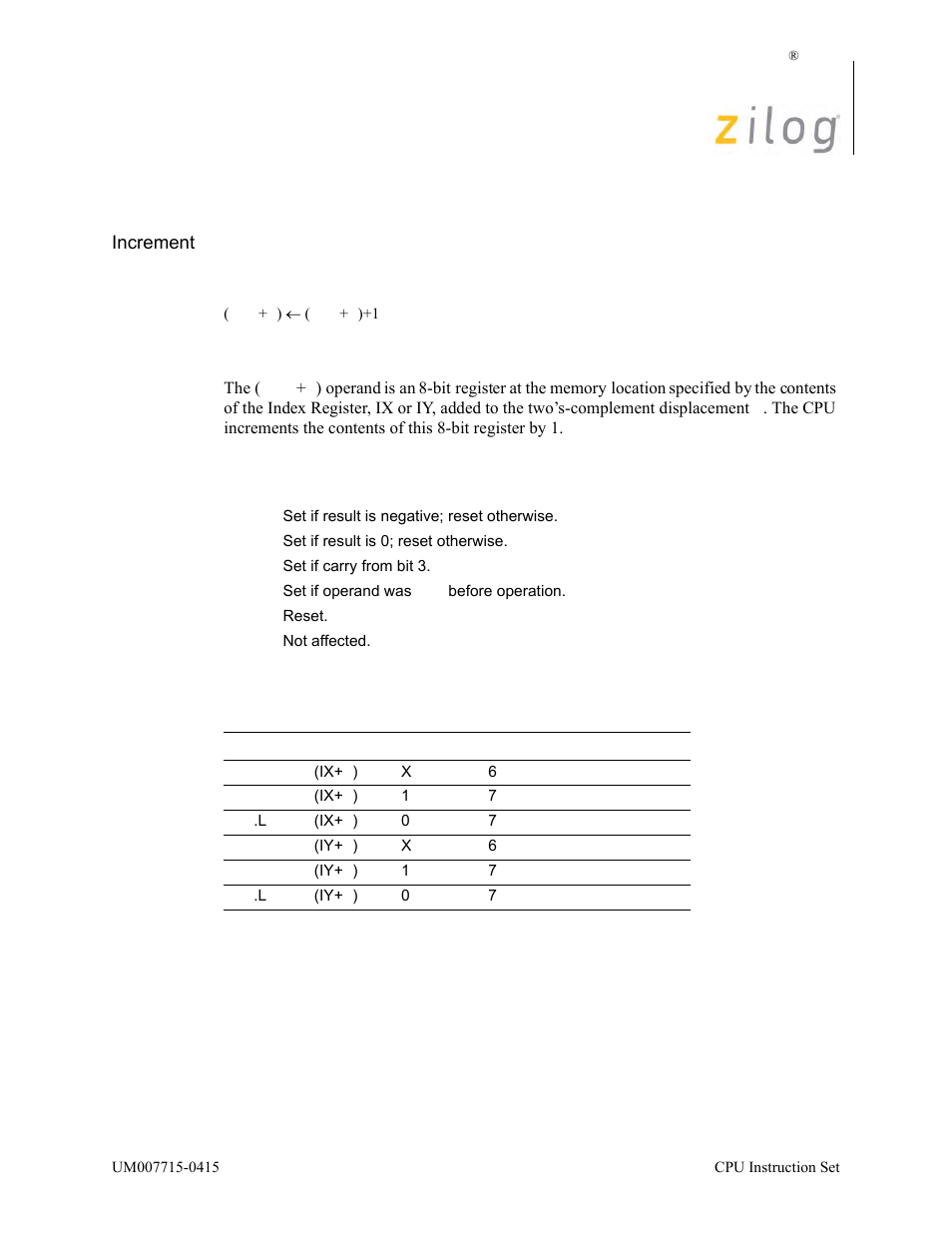 Inc (ix/y+d), Operation, Description | Condition bits affected attributes | Zilog EZ80F916 User Manual | Page 167 / 411