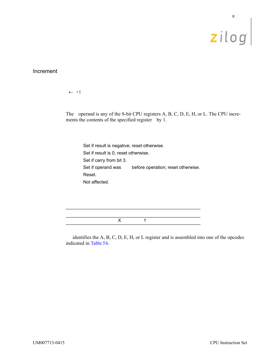 Inc r, Operation, Description | Condition bits affected attributes | Zilog EZ80F916 User Manual | Page 168 / 411