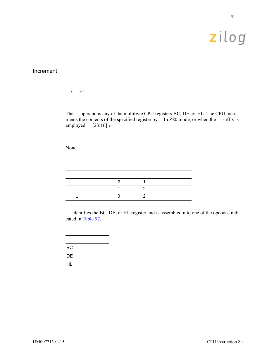 Inc rr, Operation, Description | Condition bits affected, Attributes | Zilog EZ80F916 User Manual | Page 170 / 411