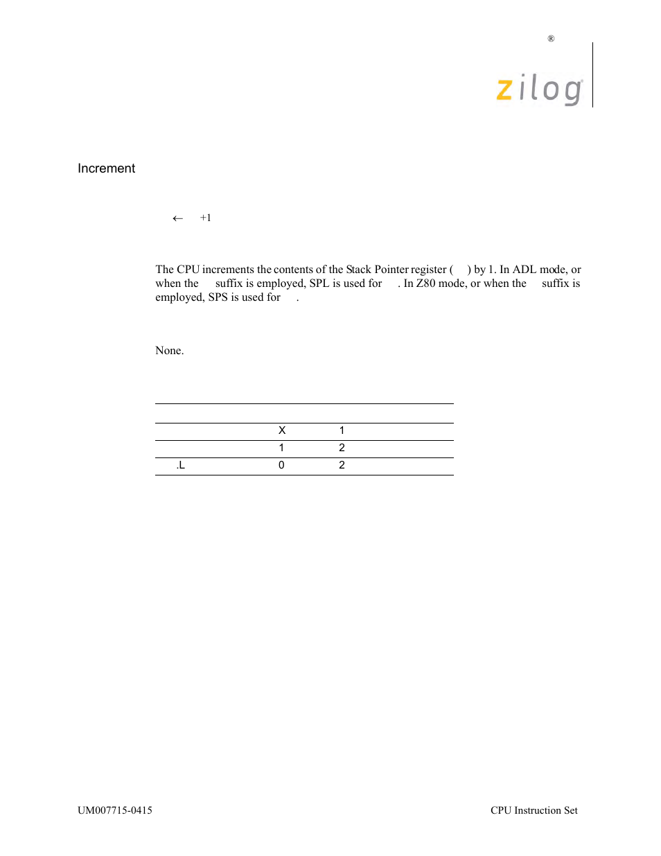 Inc sp, Operation, Description | Condition bits affected, Attributes | Zilog EZ80F916 User Manual | Page 171 / 411