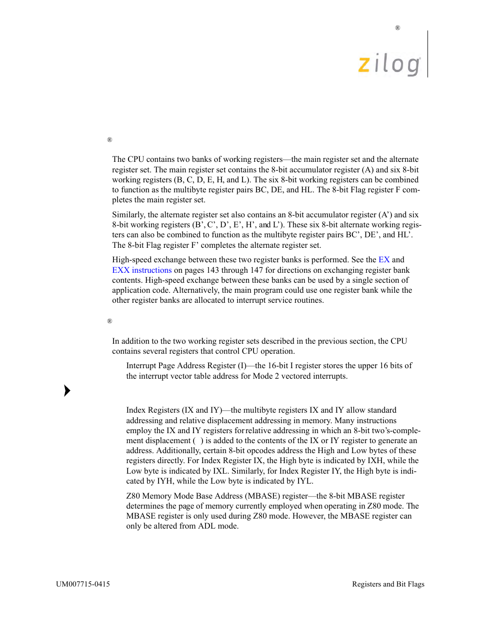 Registers and bit flags, Ez80® cpu working registers, Ez80® cpu control register definitions | Ez80 | Zilog EZ80F916 User Manual | Page 18 / 411