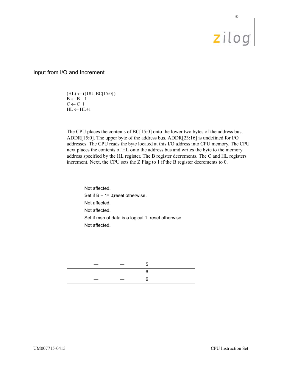 Ini2, Operation, Description | Condition bits affected attributes | Zilog EZ80F916 User Manual | Page 181 / 411