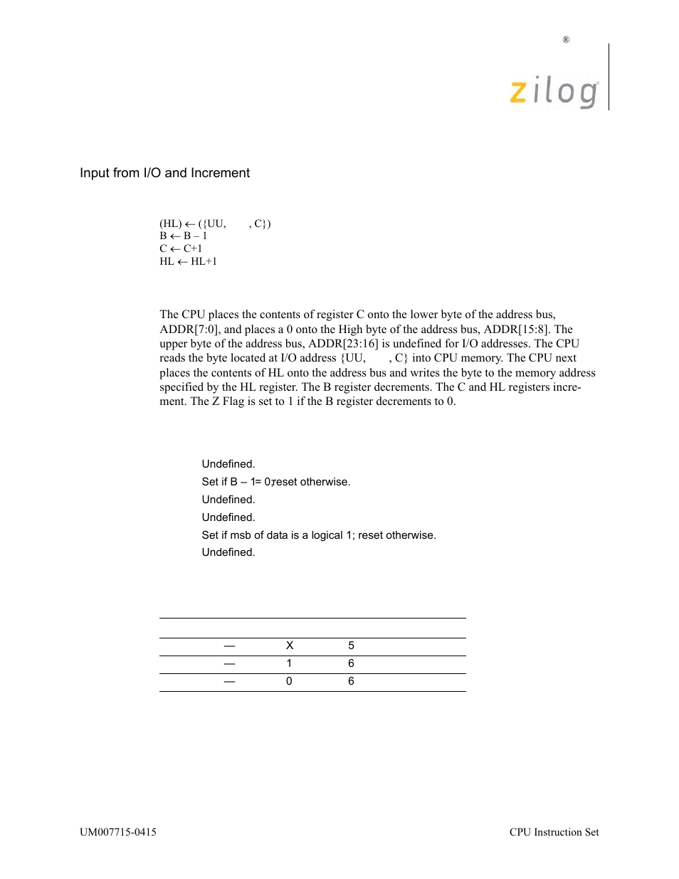 Inim, Operation, Description | Condition bits affected attributes | Zilog EZ80F916 User Manual | Page 184 / 411