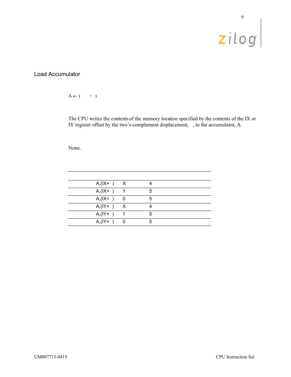 Ld a, (ix/y+d), Operation, Description | Condition bits affected, Attributes | Zilog EZ80F916 User Manual | Page 199 / 411