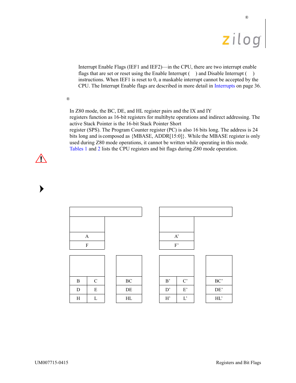 Ez80® cpu registers in z80 mode, Ez80, Cpu registers in z80 mode | Zilog EZ80F916 User Manual | Page 20 / 411