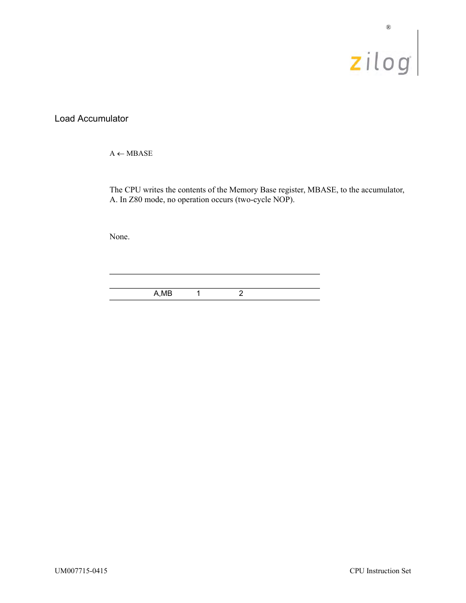 Ld a, mb | Zilog EZ80F916 User Manual | Page 200 / 411