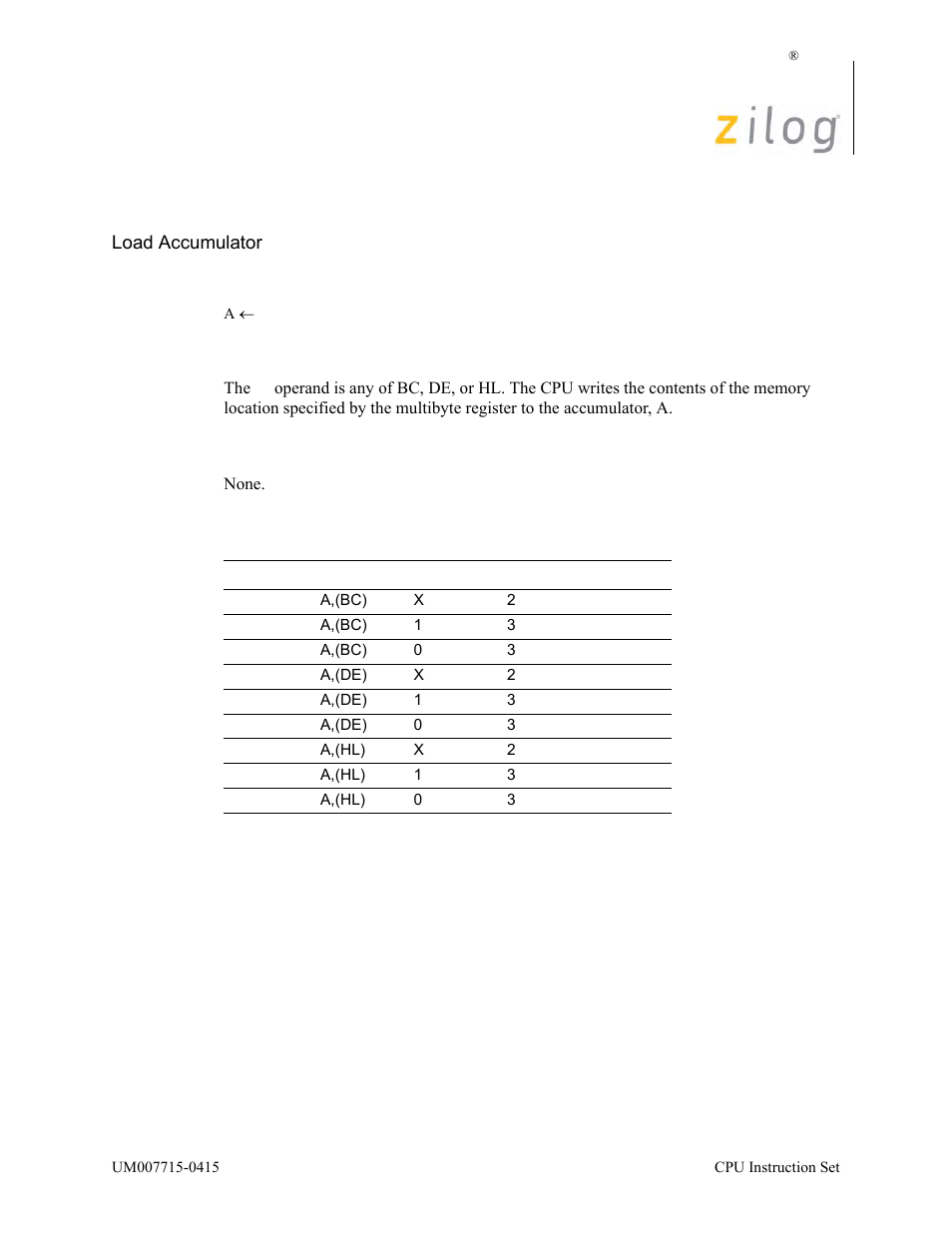 Ld a, (rr), Operation, Description | Condition bits affected, Attributes | Zilog EZ80F916 User Manual | Page 203 / 411