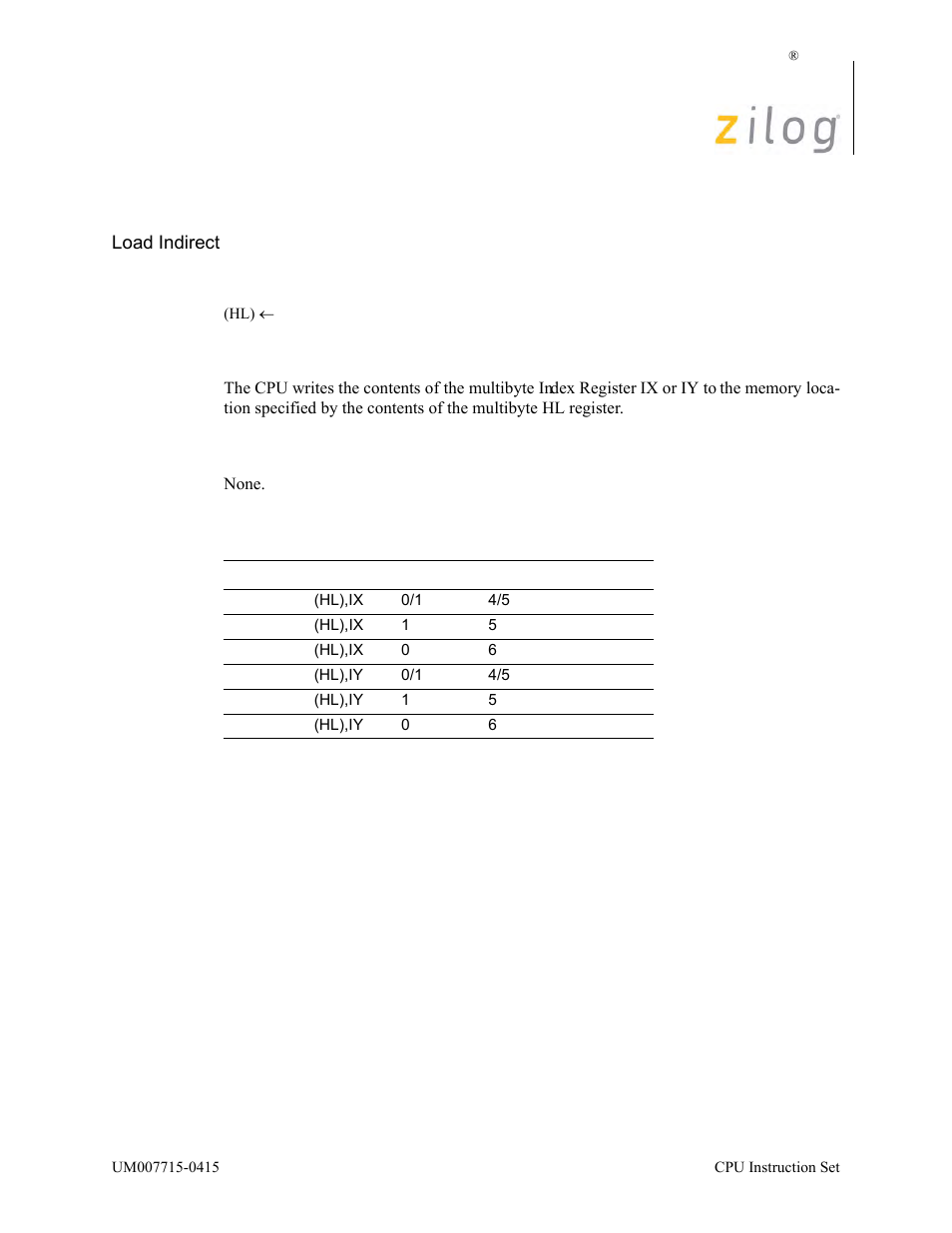 Ld (hl), ix/y, Operation, Description | Condition bits affected, Attributes | Zilog EZ80F916 User Manual | Page 205 / 411