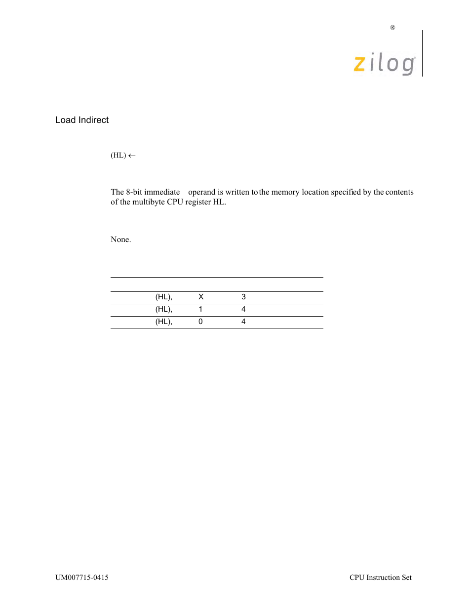 Ld (hl), n, Operation, Description | Condition bits affected, Attributes | Zilog EZ80F916 User Manual | Page 206 / 411