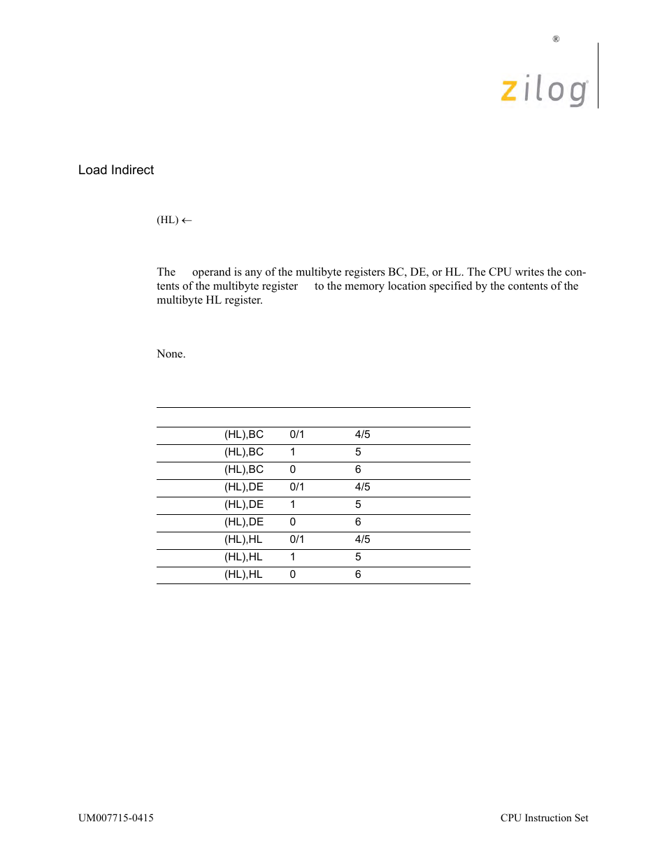 Ld (hl), rr, Operation, Description | Condition bits affected, Attributes | Zilog EZ80F916 User Manual | Page 208 / 411