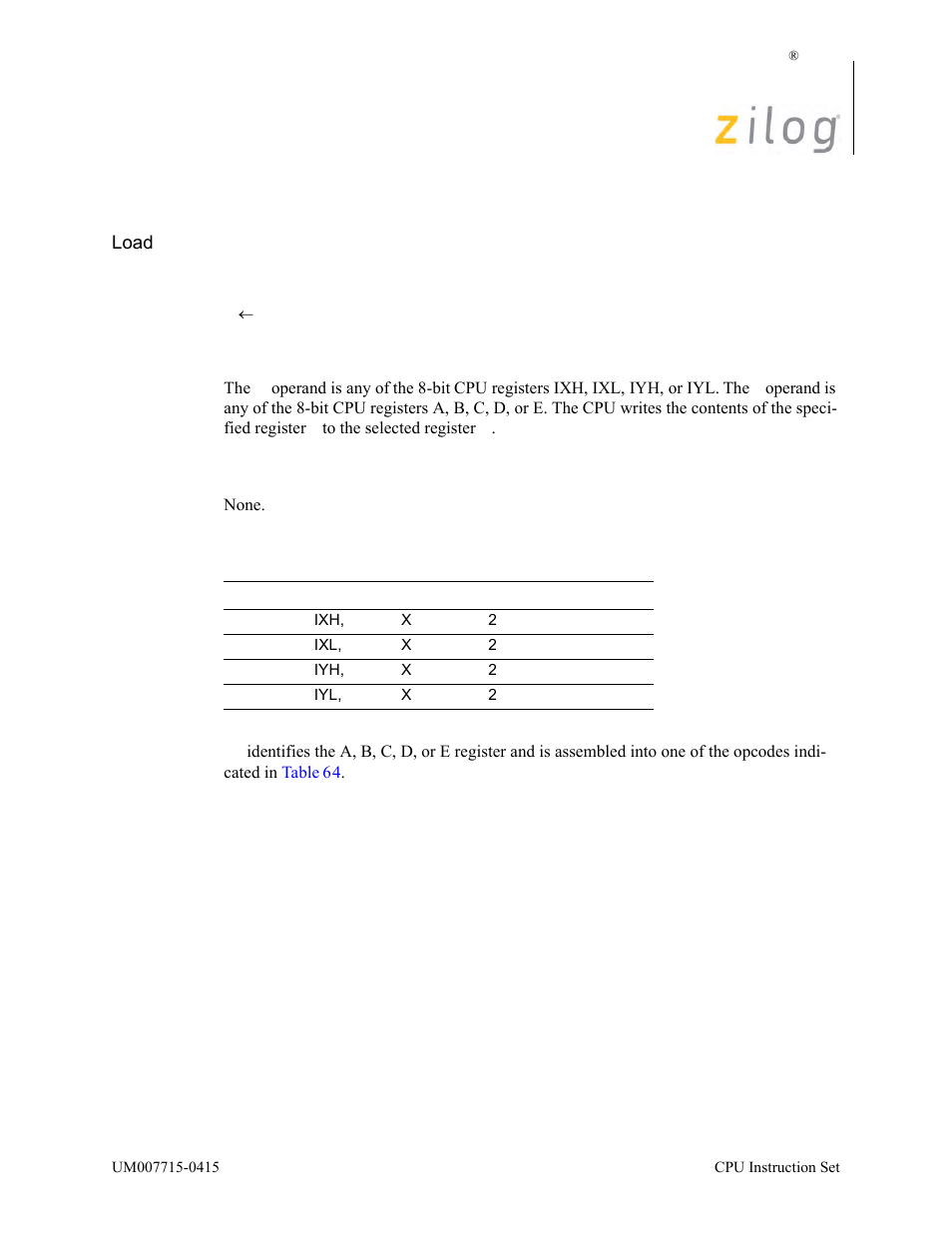 Ld ir, r, Operation, Description | Condition bits affected, Attributes | Zilog EZ80F916 User Manual | Page 213 / 411