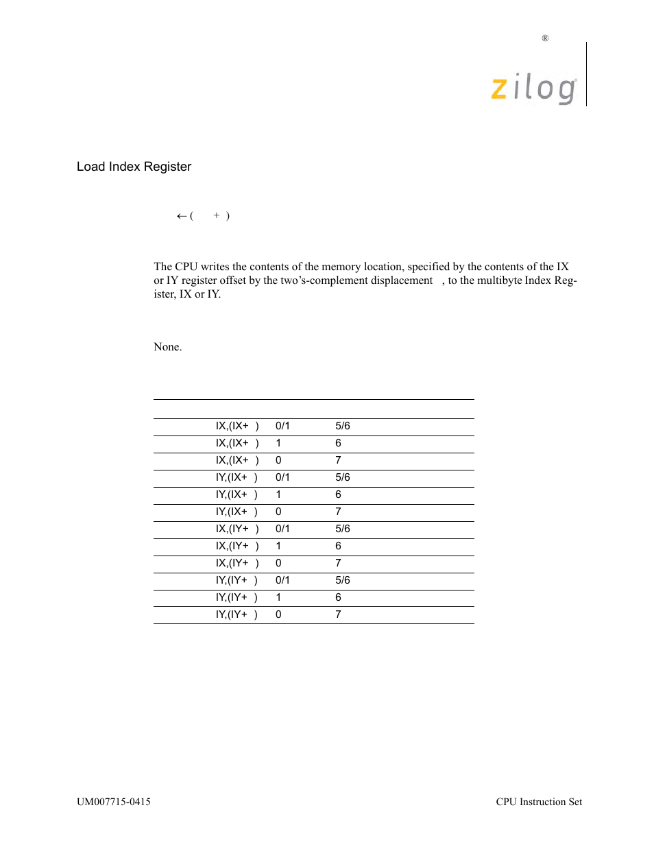 Ld ix/y, (ix/y+d), Operation, Description | Condition bits affected, Attributes | Zilog EZ80F916 User Manual | Page 216 / 411