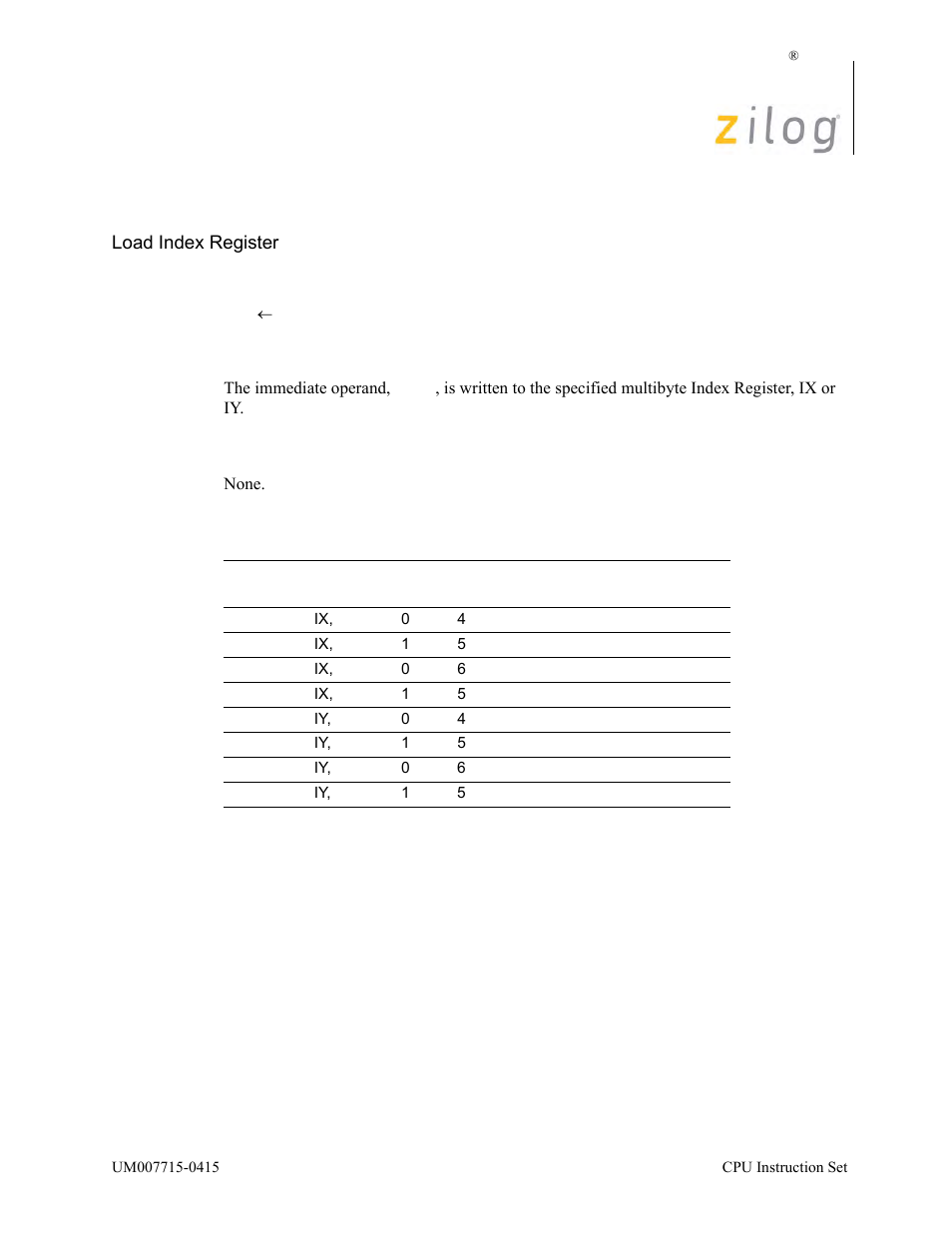 Ld ix/y, mmn, Operation, Description | Condition bits affected, Attributes | Zilog EZ80F916 User Manual | Page 217 / 411