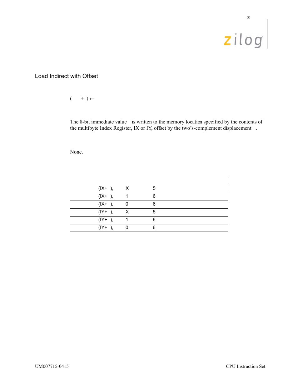 Ld (ix/y+d), n, Operation, Description | Condition bits affected, Attributes | Zilog EZ80F916 User Manual | Page 220 / 411