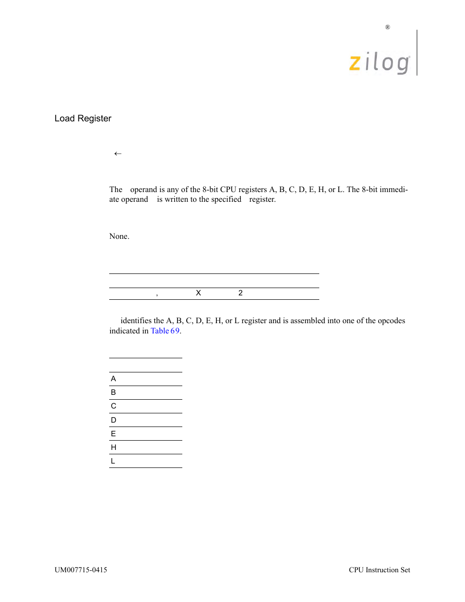 Ld r, n, Operation, Description | Condition bits affected, Attributes | Zilog EZ80F916 User Manual | Page 235 / 411