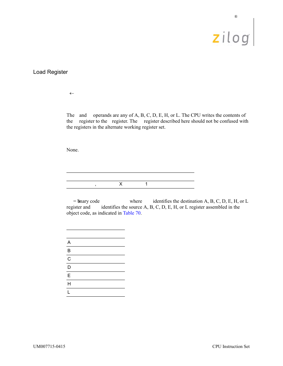 Ld r, r, Operation, Description | Condition bits affected, Attributes | Zilog EZ80F916 User Manual | Page 236 / 411