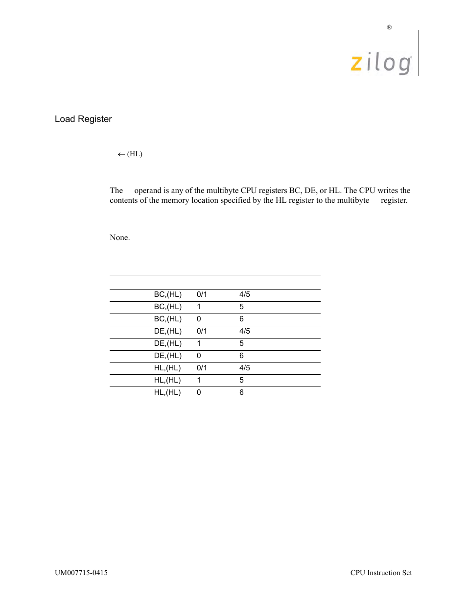 Ld rr, (hl), Operation, Description | Condition bits affected, Attributes | Zilog EZ80F916 User Manual | Page 237 / 411
