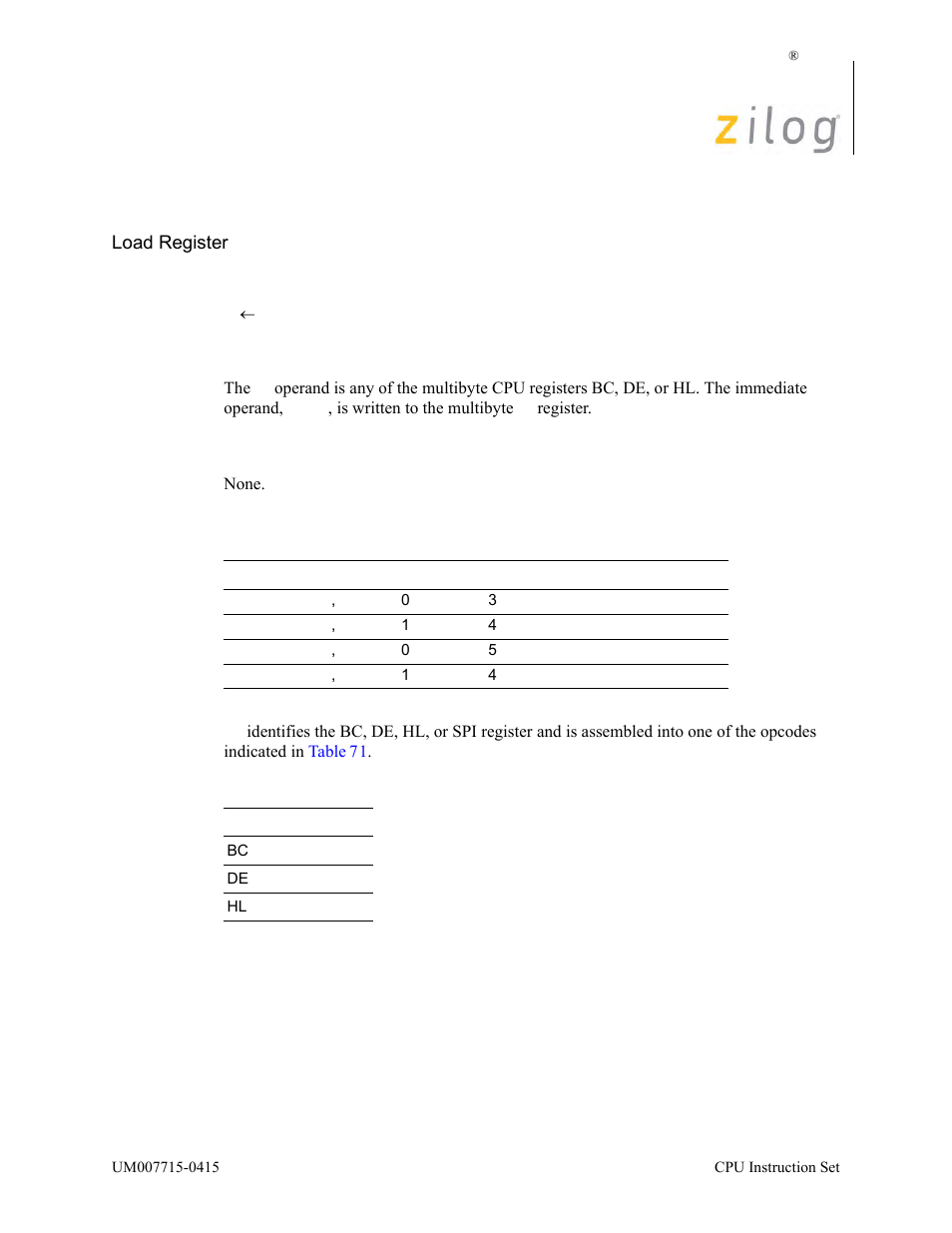 Ld rr, mmn, Operation, Description | Condition bits affected, Attributes | Zilog EZ80F916 User Manual | Page 239 / 411