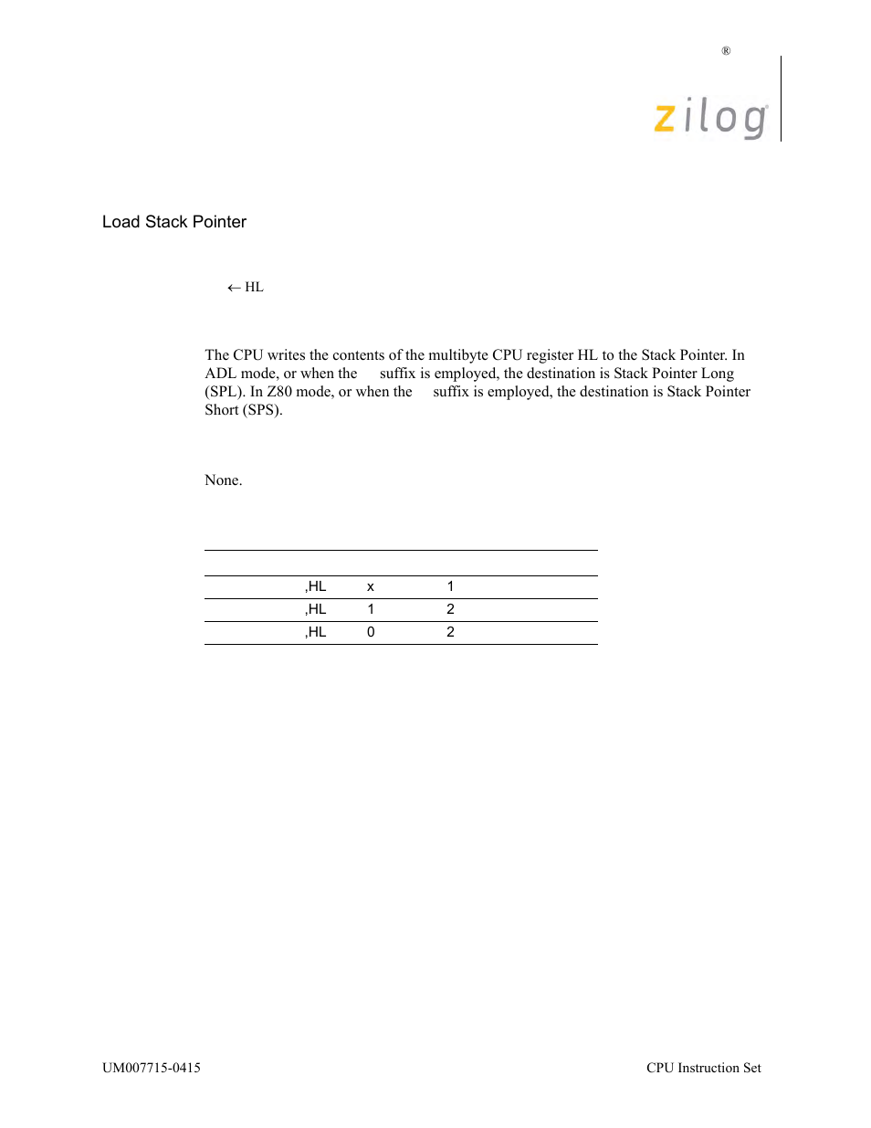 Ld sp, hl, Operation, Description | Condition bits affected, Attributes | Zilog EZ80F916 User Manual | Page 243 / 411