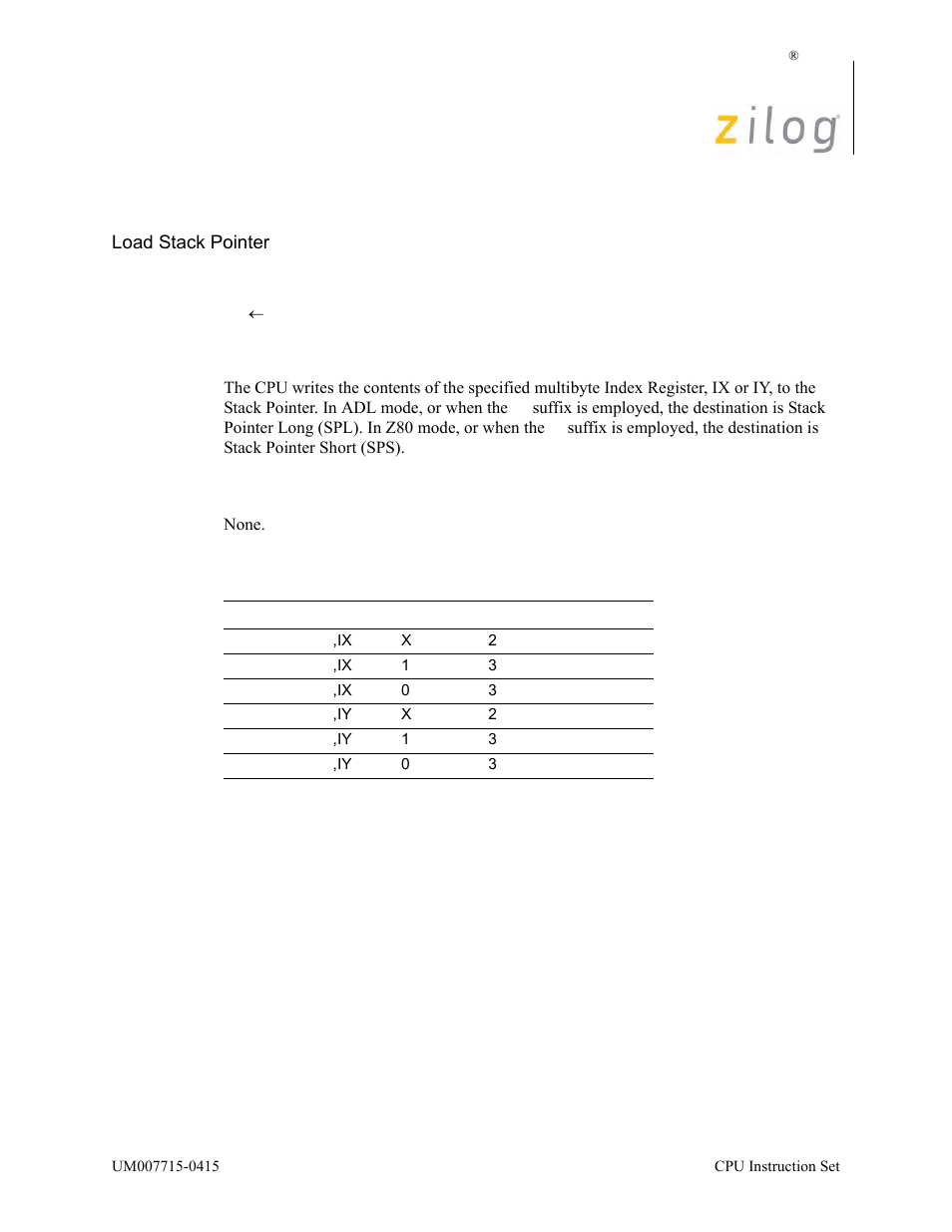 Ld sp, ix/y, Operation, Description | Condition bits affected, Attributes | Zilog EZ80F916 User Manual | Page 244 / 411