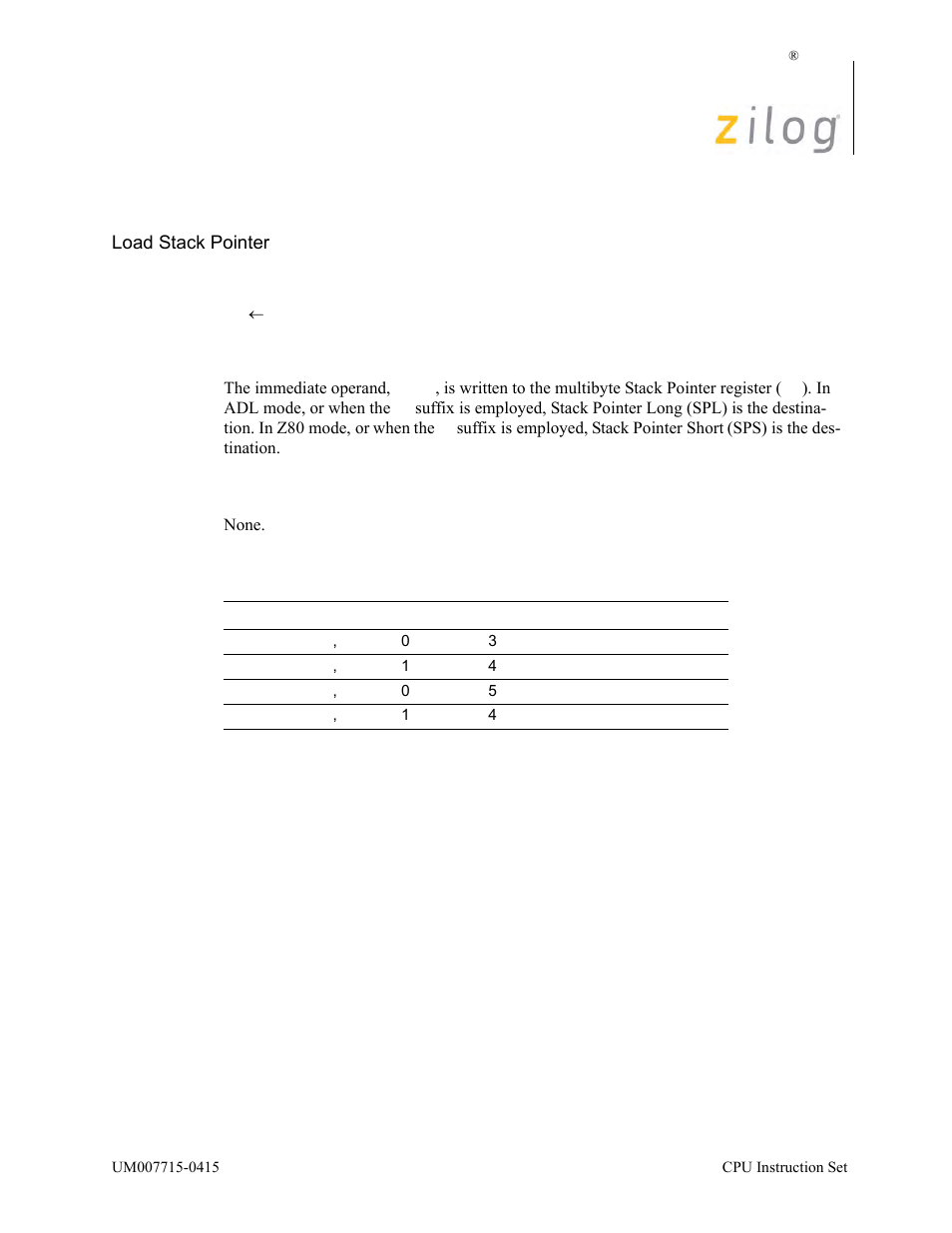 Ld sp, mmn, Operation, Description | Condition bits affected, Attributes | Zilog EZ80F916 User Manual | Page 245 / 411