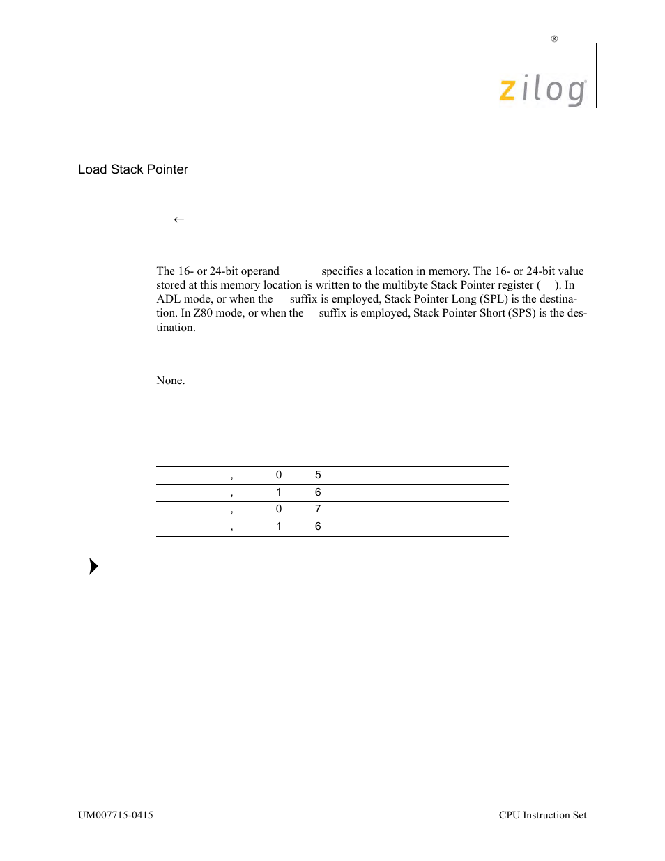 Ld sp, (mmn), Operation, Description | Condition bits affected, Attributes | Zilog EZ80F916 User Manual | Page 246 / 411