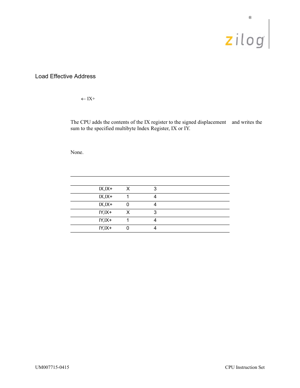 Lea ix/y, ix+d, Operation, Description | Condition bits affected, Attributes | Zilog EZ80F916 User Manual | Page 251 / 411