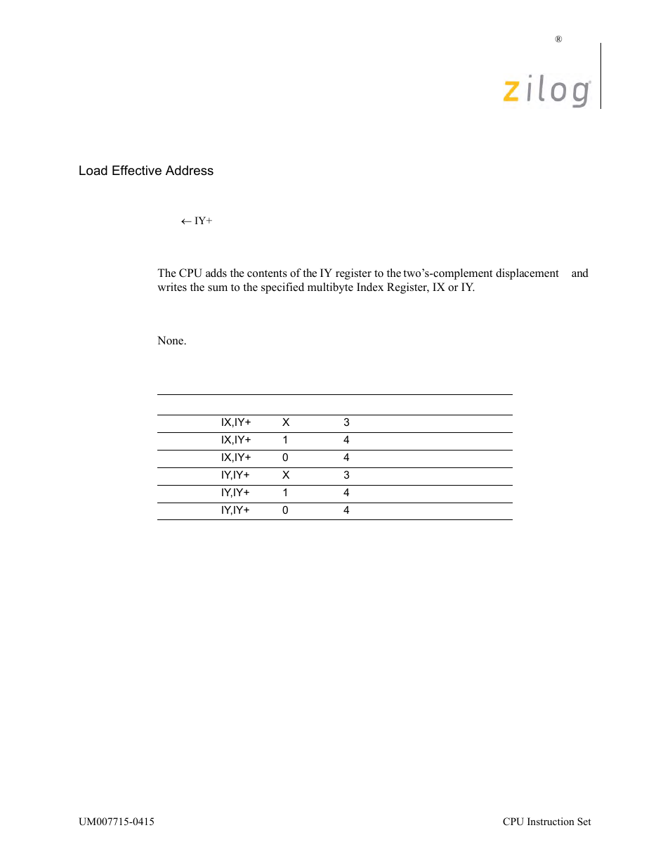 Lea ix/y, iy+d, Operation, Description | Condition bits affected, Attributes | Zilog EZ80F916 User Manual | Page 252 / 411