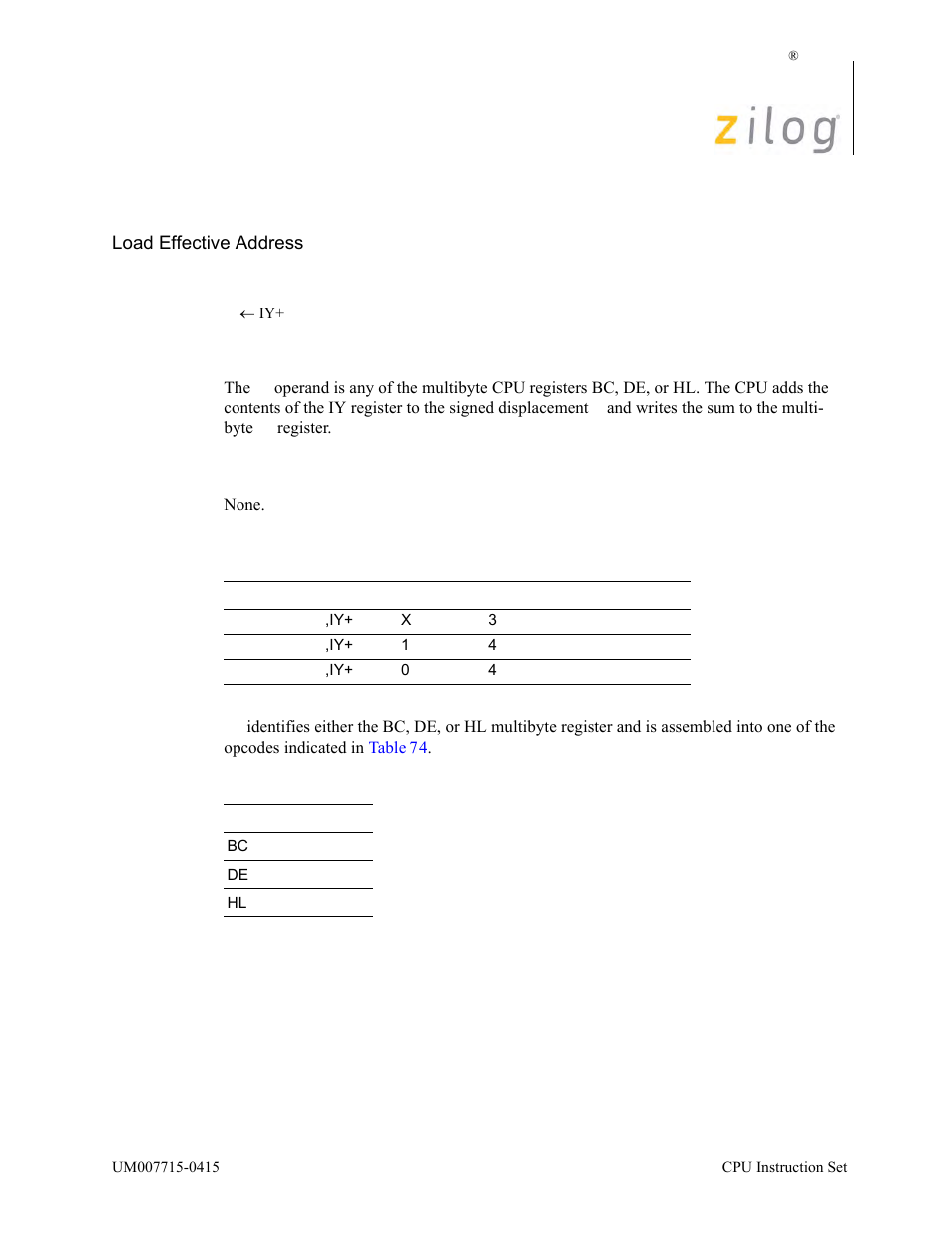 Lea rr, iy+d, Operation, Description | Condition bits affected, Attributes | Zilog EZ80F916 User Manual | Page 254 / 411